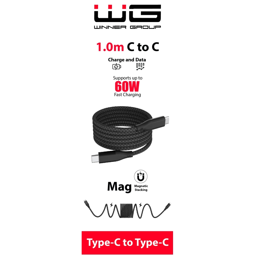Winner Group - Magnetický USB kábel USB-C / USB-C 60W 1m čierna