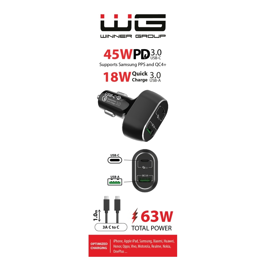 Winner Group - Nabíjačka do auta 1xUSB-C + 1xUSB-A Power Delivery 63W + USB kábel USB-C / USB-C 1 m čierna