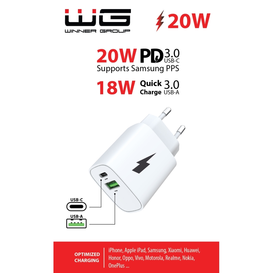 Winner Group - Rychlonabíjací adaptér 1xUSB-C + 1xUSB-A Power Delivery 20W biela