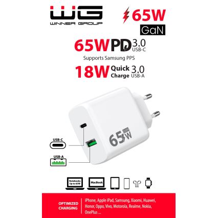 Winner Group - Rychlonabíjací adaptér 1xUSB-C + 1xUSB-A Power Delivery 65W biela