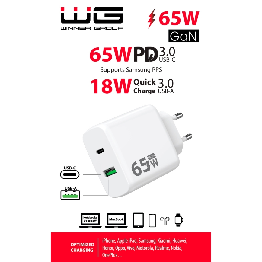 Winner Group - Rychlonabíjací adaptér 1xUSB-C + 1xUSB-A Power Delivery 65W biela
