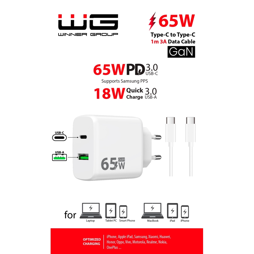 Winner Group - Rychlonabíjací adaptér 2xUSB PD 65W + USB kábel USB-C / USB-C 1m