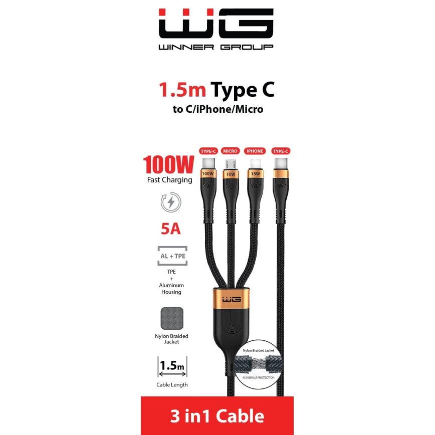 Winner Group -USB kábel 3v1 USB-C / Lightning, USB-C a Micro USB 100W 1,5m čierna