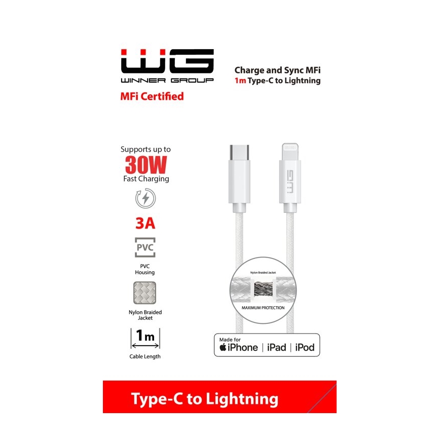 Winner Group - USB kábel MFI Lightning / USB-C 1m biela