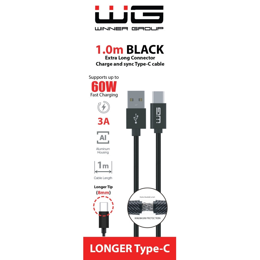 Winner Group - USB kábel s predĺženým konektorom USB-C / USB-A 1m čierna