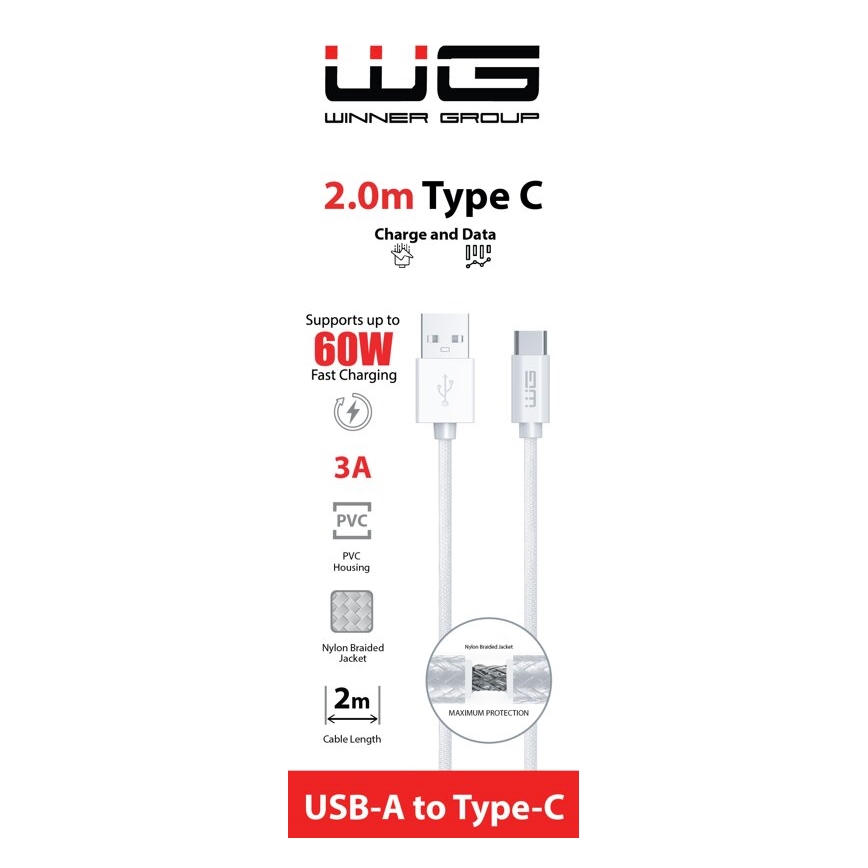 Winner Group - USB kábel USB-C / USB-A 60W 2m biela