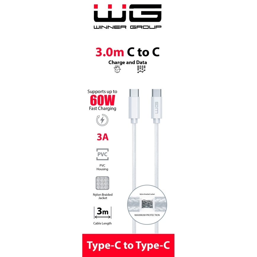Winner Group - USB kábel USB-C / USB-C 60W 3m biela