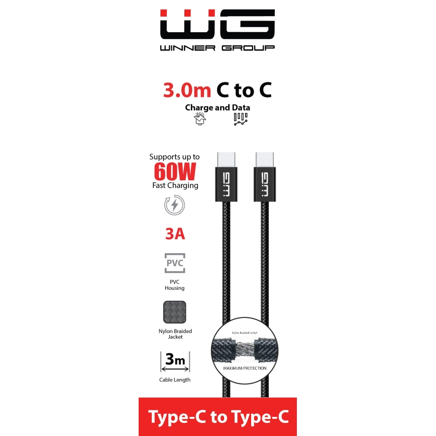 Winner Group - USB kábel USB-C / USB-C 60W 3m čierna