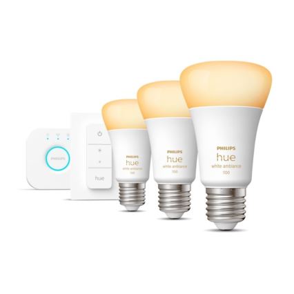Základná sada Philips Hue White Ambiance 3xE27/11W 2200-6500K + Hue Bridge a stmievač