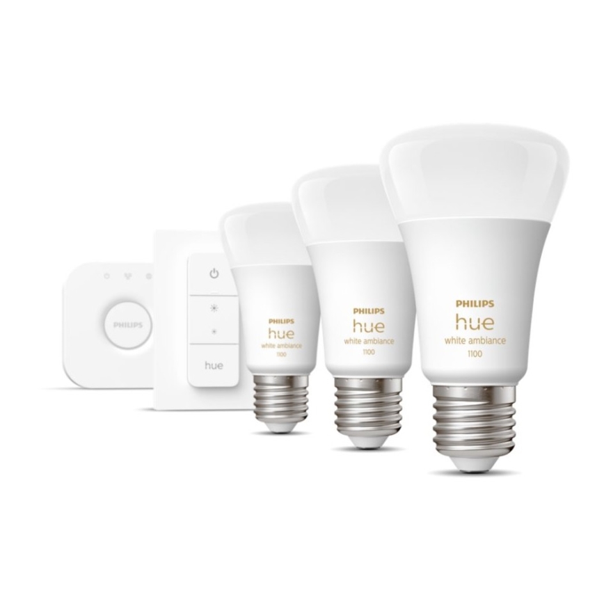 Základná sada Philips Hue White Ambiance 3xE27/11W 2200-6500K + Hue Bridge a stmievač