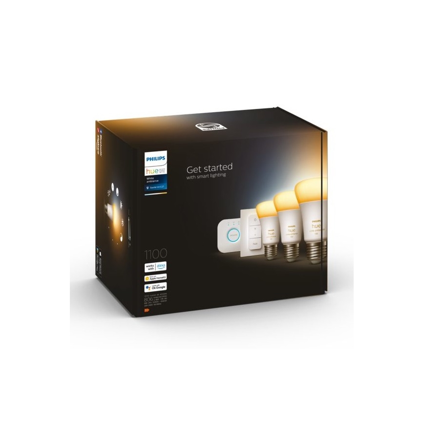 Základná sada Philips Hue White Ambiance 3xE27/11W 2200-6500K + Hue Bridge a stmievač