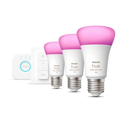 Základná sada Philips Hue WHITE AND COLOR AMBIANCE 3xE27/9W 2000-6500K + Hue bridge a dimmer switch