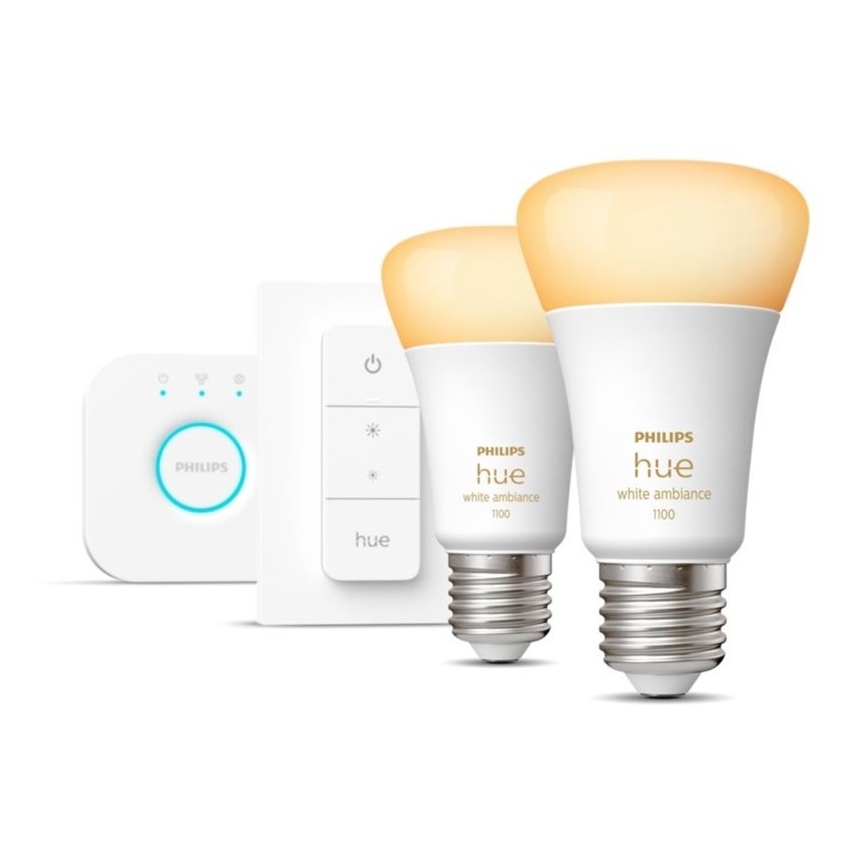 Základná sada Philips Hue WHITE AMBIANCE 2xE27/8W/230V + Hue Bridge a stmievací spínač