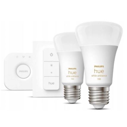 Základná sada Philips Hue WHITE AMBIANCE 2xE27/8W/230V + Hue Bridge a stmievací spínač