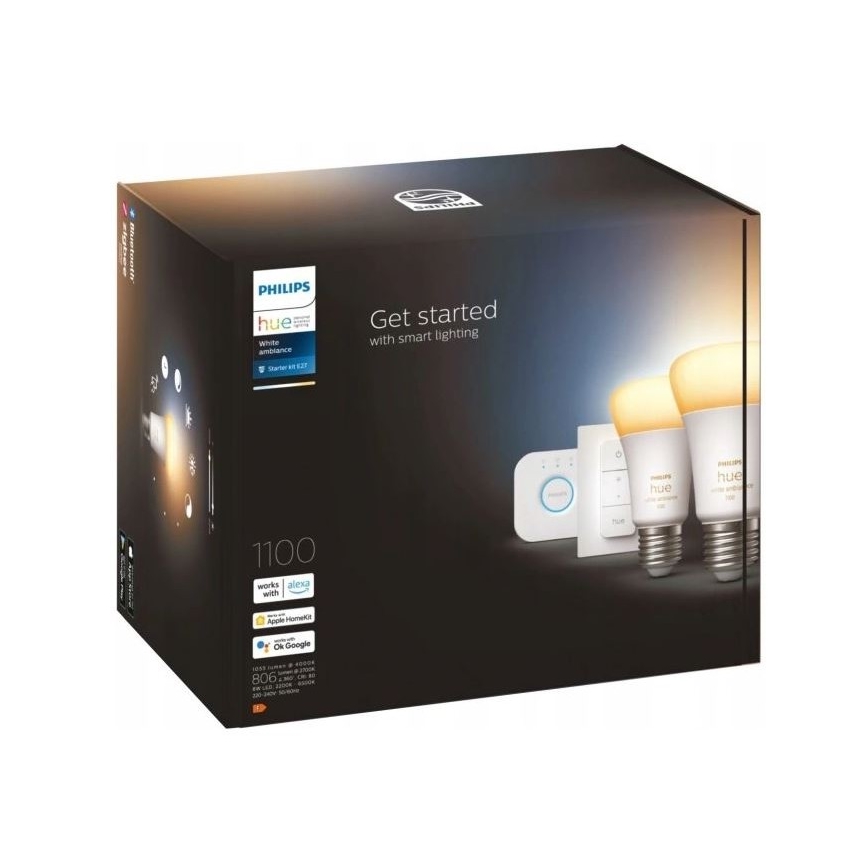 Základná sada Philips Hue WHITE AMBIANCE 2xE27/8W/230V + Hue Bridge a stmievací spínač