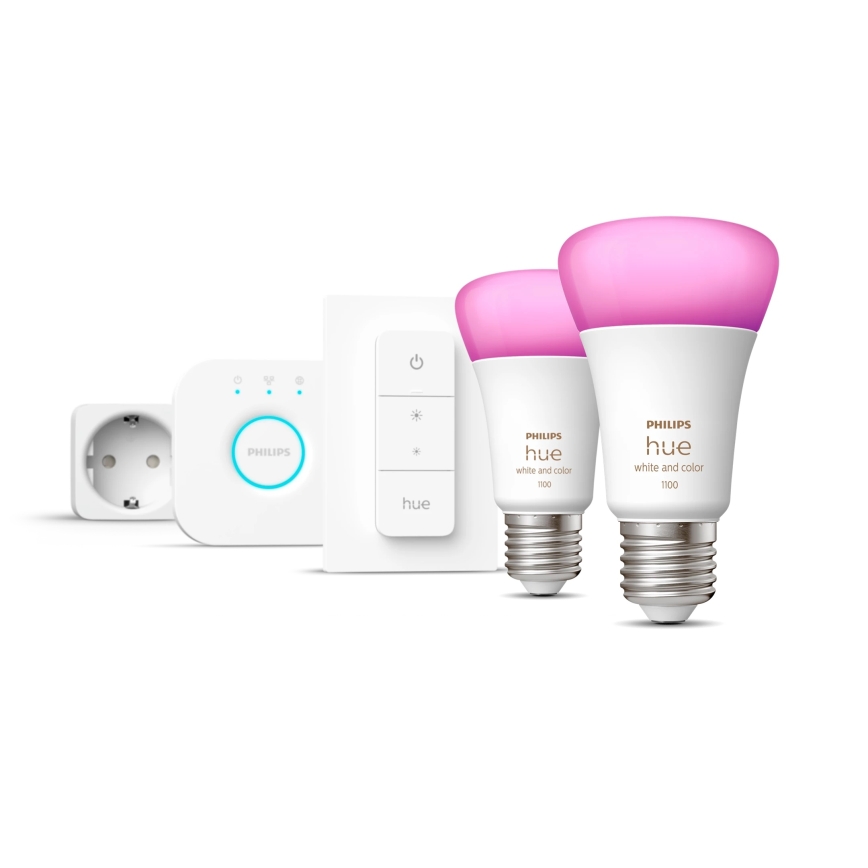 Základná sada Philips Hue WHITE AND COLOR AMBIANCE 2xE27/9W/230V 2200-6500K + inteligentná zásuvka, Hue Bridge a stmievač