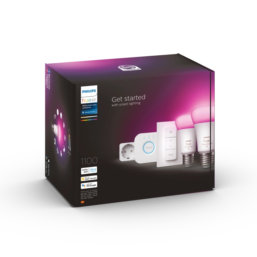 Základná sada Philips Hue WHITE AND COLOR AMBIANCE 2xE27/9W/230V 2200-6500K + inteligentná zásuvka, Hue Bridge a stmievač