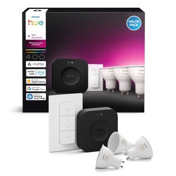 Základná sada Philips Hue WHITE AND COLOR AMBIANCE 3xGU10/4,2W 2000-6500K + Hue Bridge a stmievací spínač