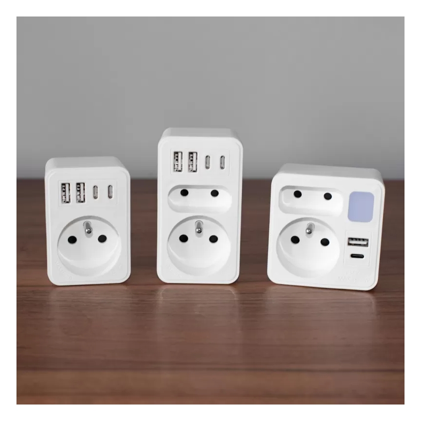 Rozbočovač s 2 zásuvkami + USB‑C + USB‑A s LED osvetlením LED 0,5 W 230 V 3000 K