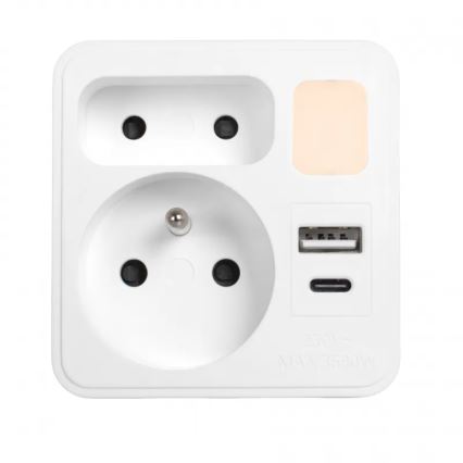Rozbočovač s 2 zásuvkami + USB‑C + USB‑A s LED osvetlením LED 0,5 W 230 V 3000 K