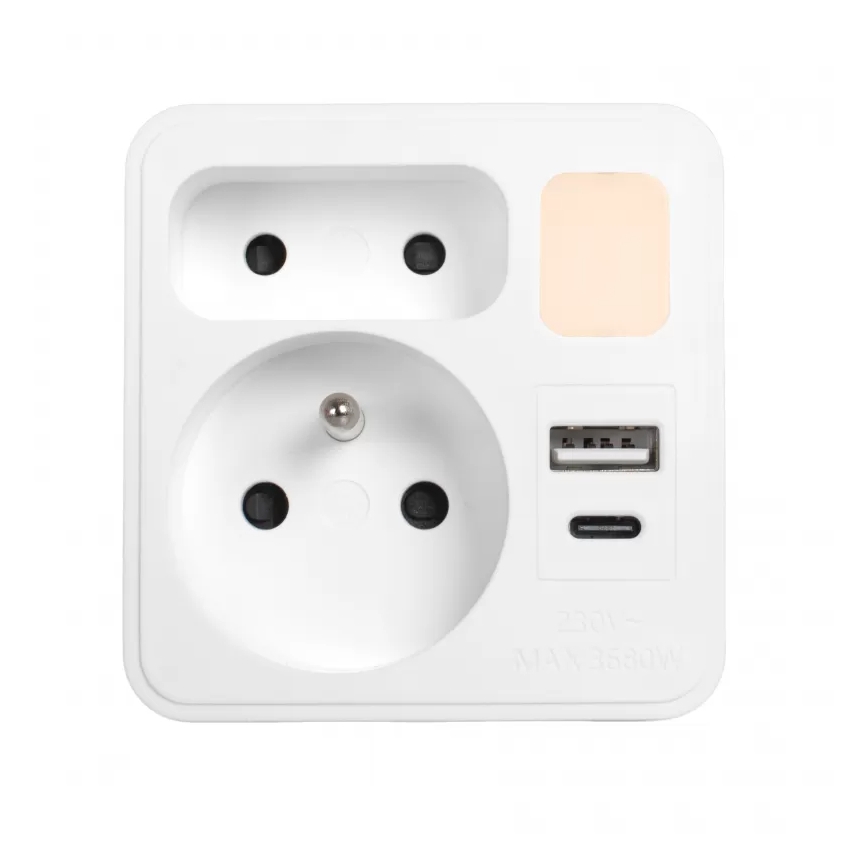 Rozbočovač s 2 zásuvkami + USB‑C + USB‑A s LED osvetlením LED 0,5 W 230 V 3000 K