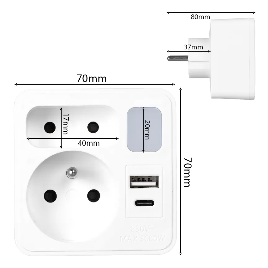 Rozbočovač s 2 zásuvkami + USB‑C + USB‑A s LED osvetlením LED 0,5 W 230 V 3000 K