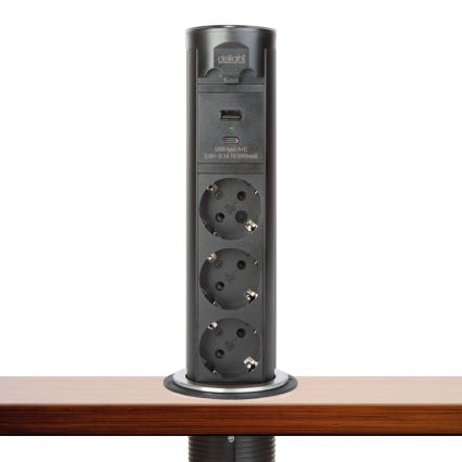 Zásuvkový stĺpik na dosku stola 3x230V + USB-A + USB-C čierny