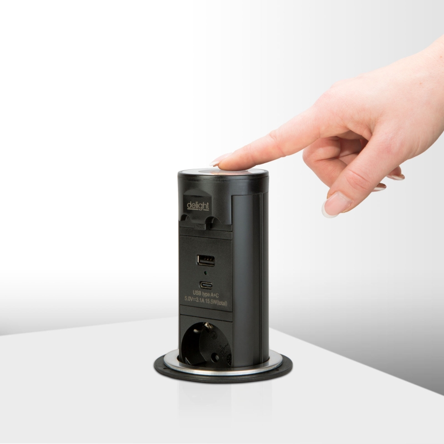 Zásuvkový stĺpik na dosku stola 3x230V + USB-A + USB-C čierny