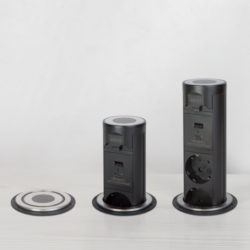Zásuvkový stĺpik na dosku stola 3x230V + USB-A + USB-C čierny