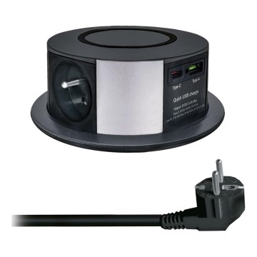 Zásuvkový stĺpik na dosku stola s bezdrôtovým nabíjaním Qi 3x230V + 1xUSB-A + 1xUSB-C čierna/strieborná