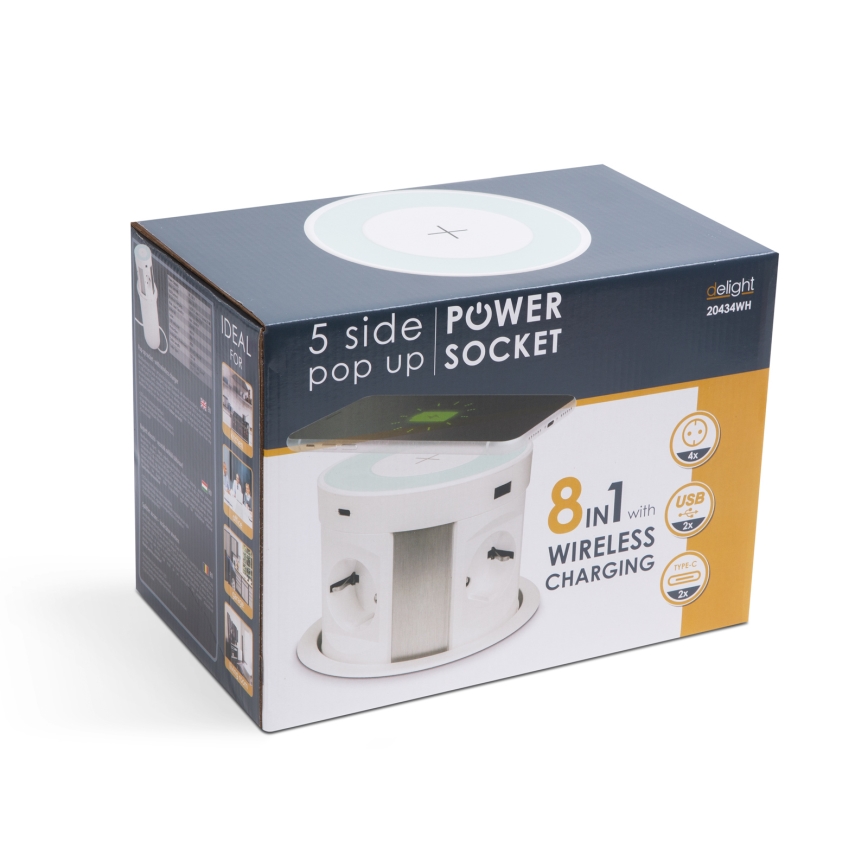 Zásuvkový stĺpik pre dosku stola s bezdrôtovým nabíjaním — 4×230 V + 2× USB-A + 2× USB-C, biely