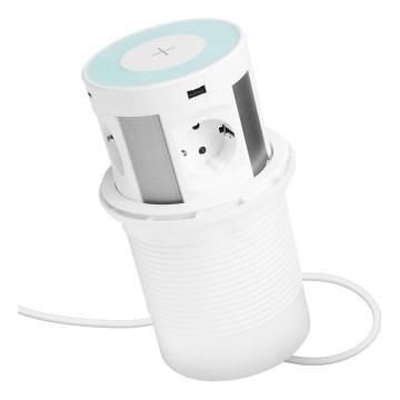 Zásuvkový stĺpik pre dosku stola s bezdrôtovým nabíjaním — 4×230 V + 2× USB-A + 2× USB-C, biely