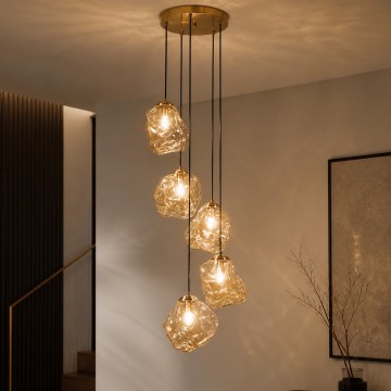 Závesné svietidlo na lanku CRISTAL 5xE14/15W/230V mosadz/dymovo-béžová