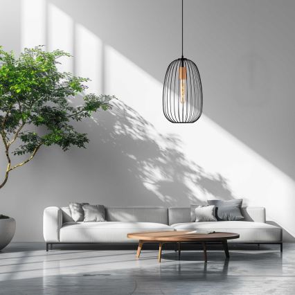 Závesný luster OVELLA na lanku 1xE27/15W/230V, priemer 25 cm, čierna/borovica