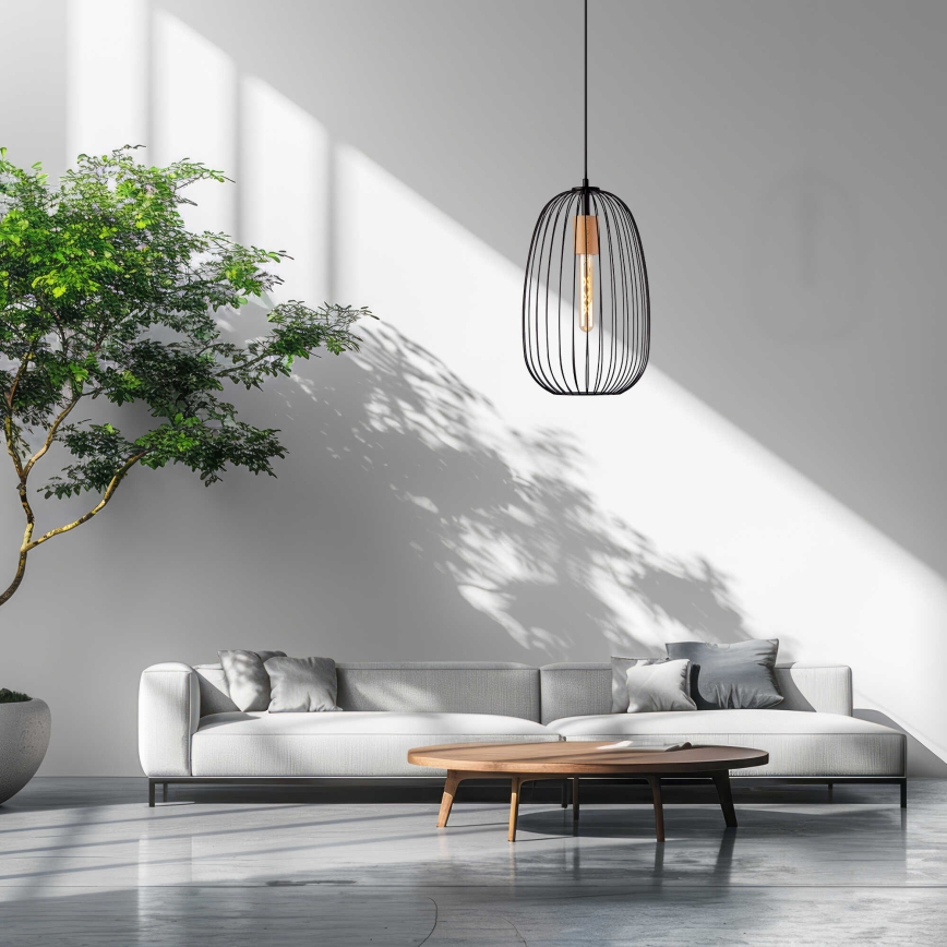 Závesný luster OVELLA na lanku 1xE27/15W/230V, priemer 25 cm, čierna/borovica