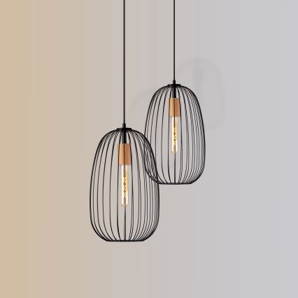 Závesný luster OVELLA na lanku 1xE27/15W/230V, priemer 25 cm, čierna/borovica
