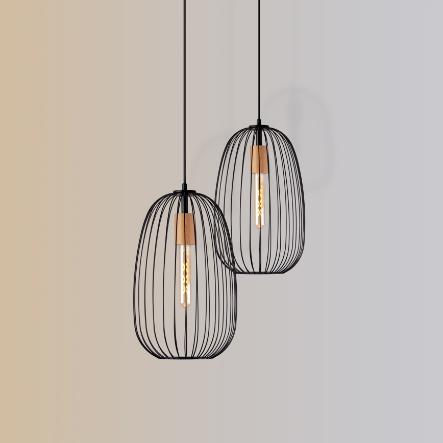 Závesný luster OVELLA na lanku 1xE27/15W/230V, priemer 25 cm, čierna/borovica