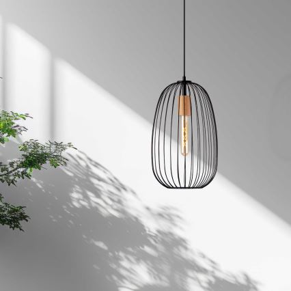 Závesný luster OVELLA na lanku 1xE27/15W/230V, priemer 25 cm, čierna/borovica