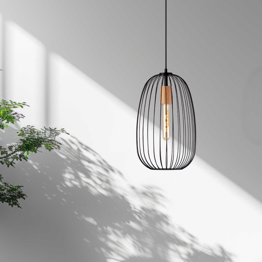 Závesný luster OVELLA na lanku 1xE27/15W/230V, priemer 25 cm, čierna/borovica