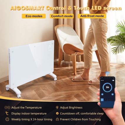 ZEVENTI - Inteligentný nástenný elektrický priamy ohrievač/konvektor s LCD displejom 1000/2000W/230V Wi-Fi biela