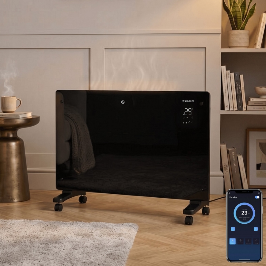 ZEVENTI - Inteligentný nástenný elektrický priamotop/konvektor s LCD displejom 1000/2000W/230V Wi-Fi čierny