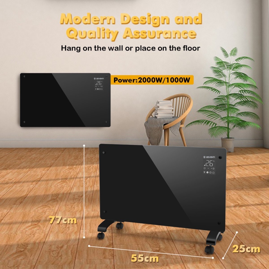 ZEVENTI - Inteligentný nástenný elektrický priamotop/konvektor s LCD displejom 1000/2000W/230V Wi-Fi čierny