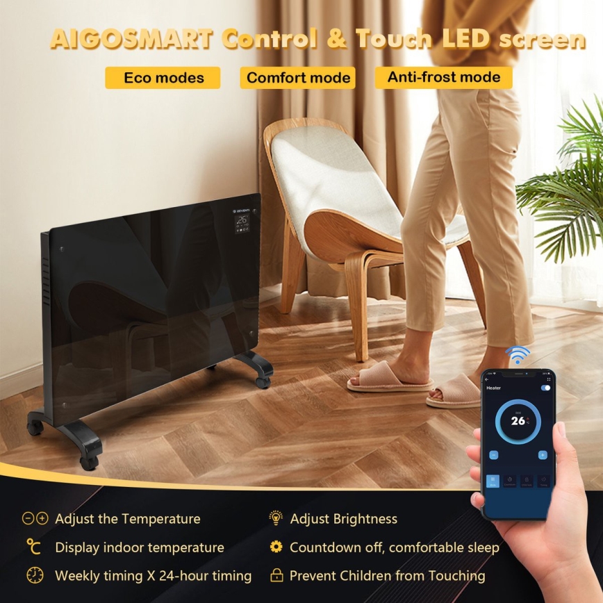 ZEVENTI - Inteligentný nástenný elektrický priamotop/konvektor s LCD displejom 1000/2000W/230V Wi-Fi čierny