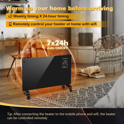 ZEVENTI - Inteligentný nástenný elektrický priamotop/konvektor s LCD displejom 1000/2000W/230V Wi-Fi čierny