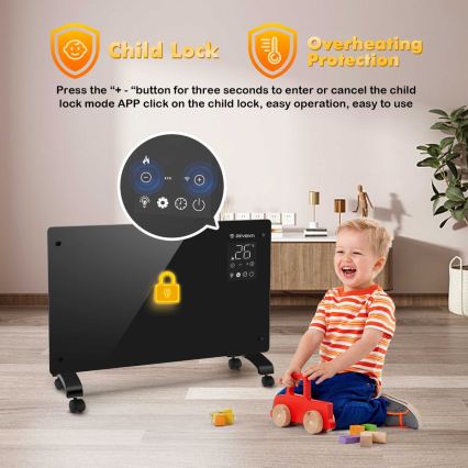 ZEVENTI - Inteligentný nástenný elektrický priamotop/konvektor s LCD displejom 1000/2000W/230V Wi-Fi čierny