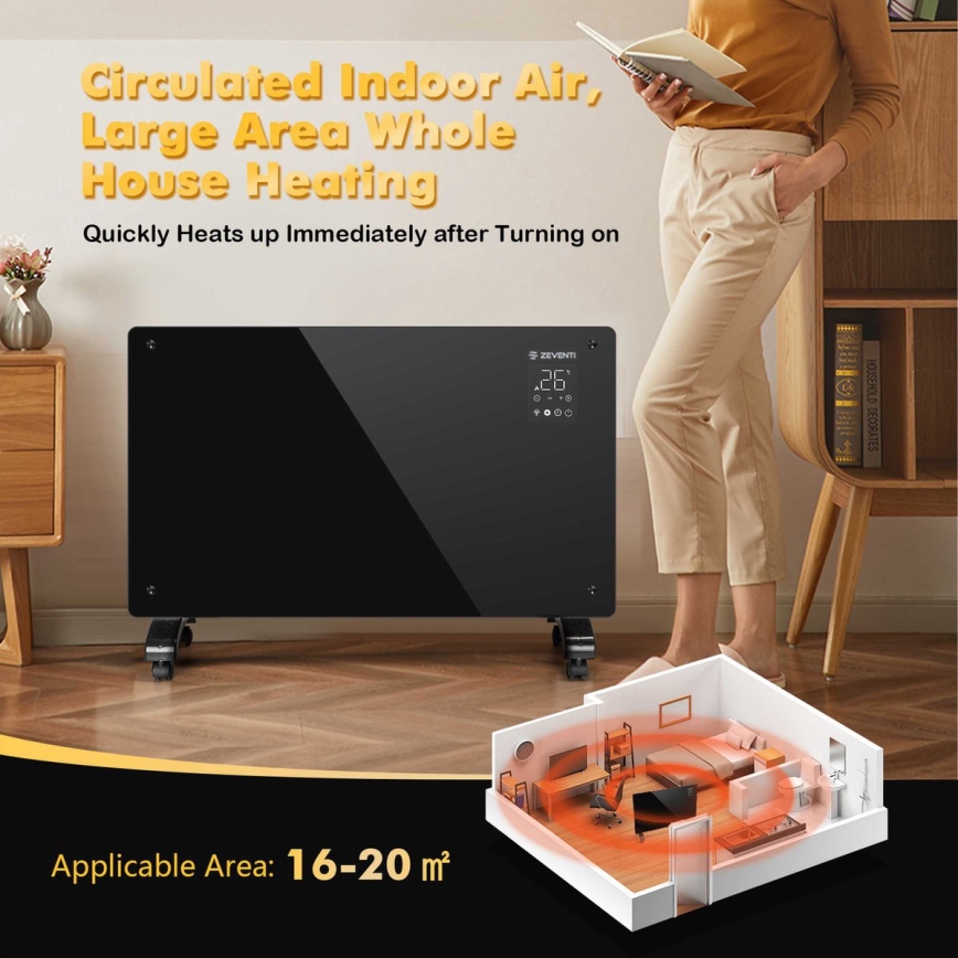 ZEVENTI - Inteligentný nástenný elektrický priamotop/konvektor s LCD displejom 1000/2000W/230V Wi-Fi čierny