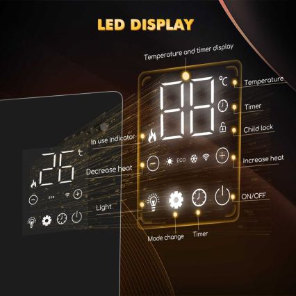 ZEVENTI - Inteligentný nástenný elektrický priamotop/konvektor s LCD displejom 1000/2000W/230V Wi-Fi čierny