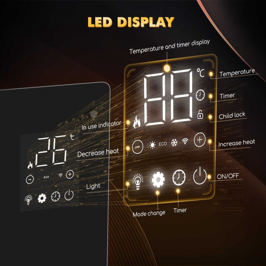 ZEVENTI - Inteligentný nástenný elektrický priamotop/konvektor s LCD displejom 1000/2000W/230V Wi-Fi čierny