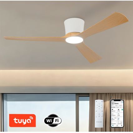 ZEVENTI - LED stlmiteľný stropný ventilátor AUREX LED/24W/230V 3000/4000/6000K Wi-Fi Tuya biela/dub + diaľkové ovládanie