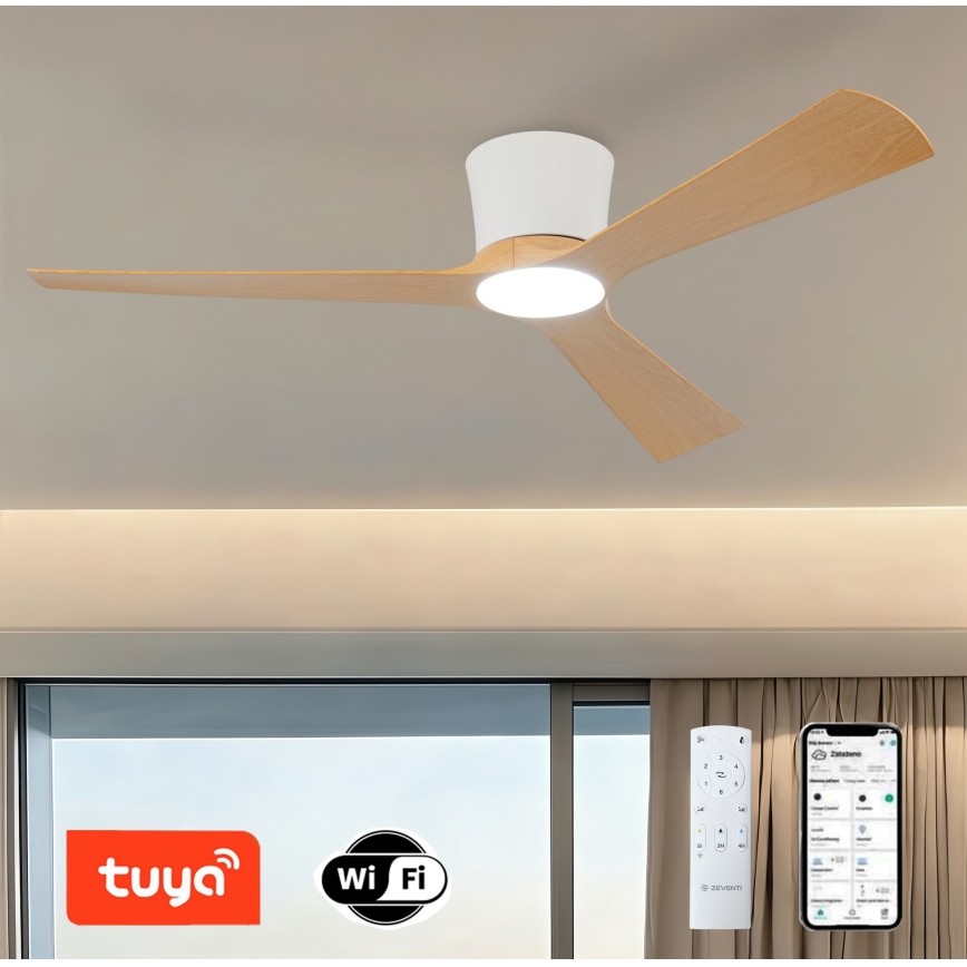 ZEVENTI - LED stlmiteľný stropný ventilátor AUREX LED/24W/230V 3000/4000/6000K Wi-Fi Tuya biela/dub + diaľkové ovládanie